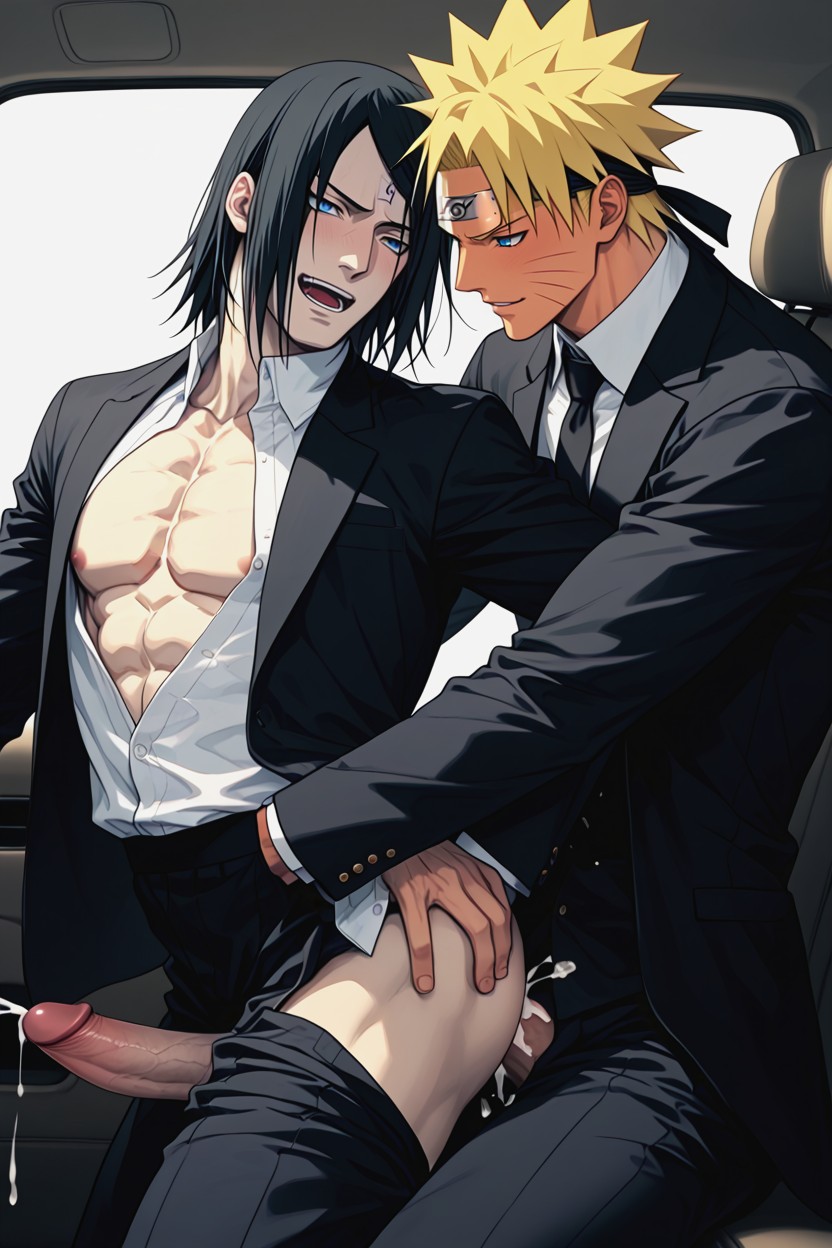 Smug Expression, Black Eyes, Muscular Man Fucks Blonde AI Gay Porn