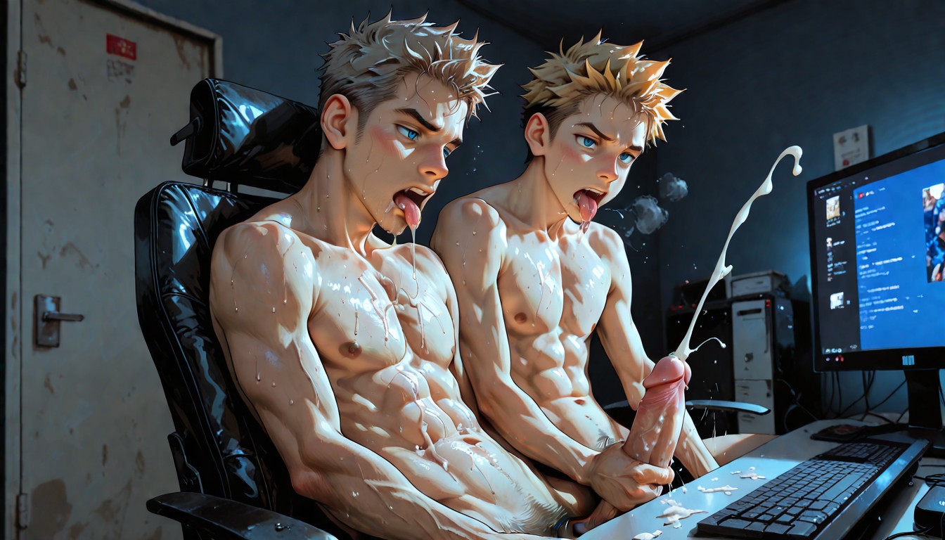 Blonde Hair, Tongue Out, Cum On Abs AI Gay Porn