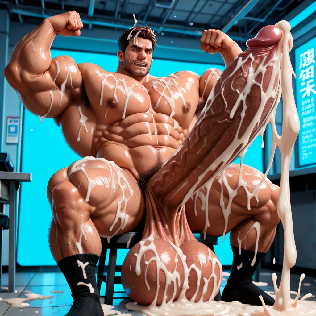 Enormous Giant Uncut Hyper Cock, Cum On Walls, Cum On Hands AI Gay Porn