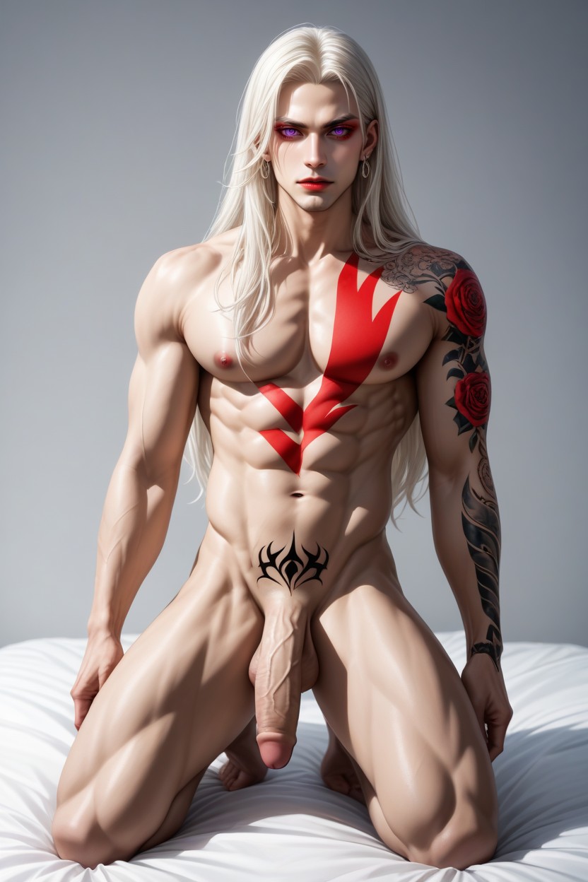Colorful Tattoos, Big Curved Penis, Muscular Shoulders AI Gay Porn