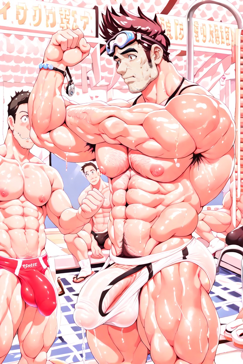 Hyper Armpit Hair, Lycra Speedo Bulge Hangs Excessively Low, One Man Is Wearing Red Speedo AI Gay Porn