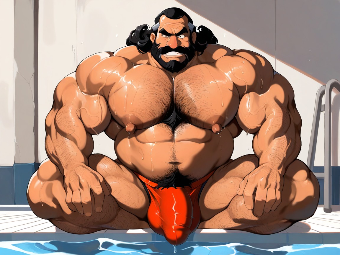 Wet Spandex Jockstrap Fabric Stretching Low, Muscular, Hyper Areolas AI Gay Porn