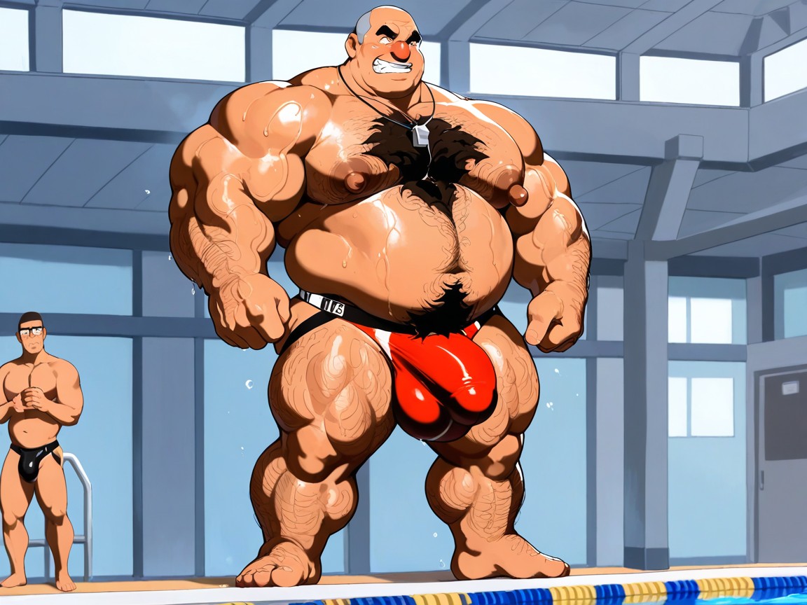 Squeezable, Other Man Standing Over Him Looking At Him Surprised, Wet Spandex Jockstrap Fabric Stretching Low AI Gay Porn