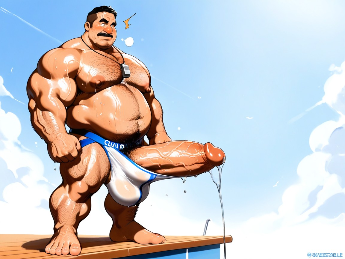 Sweaty, Speedos Are Stretching To Contain Men's Impossibly Long Hyper Penis, Excessive Body Hair AI Gay Porn