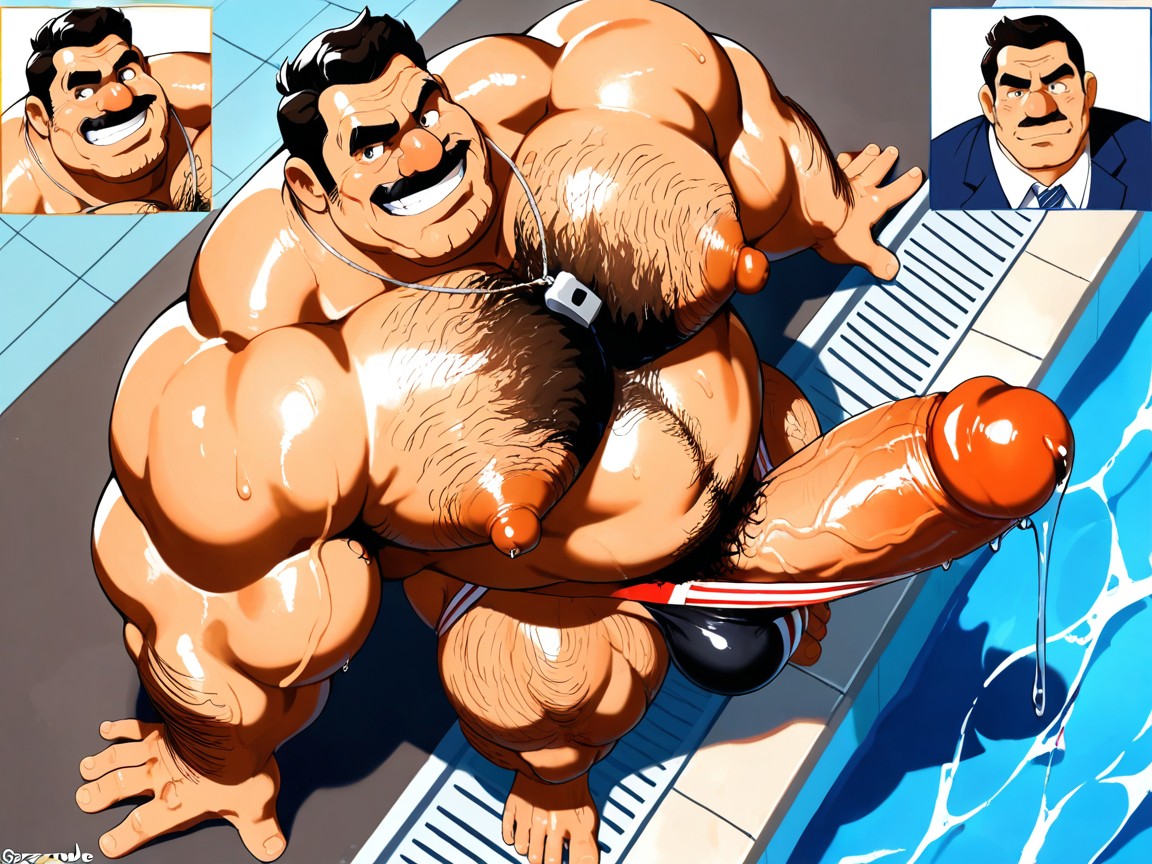 Overly Large Jaw, Muscle Gut Body, Striped Jockstrap AI Gay Porn