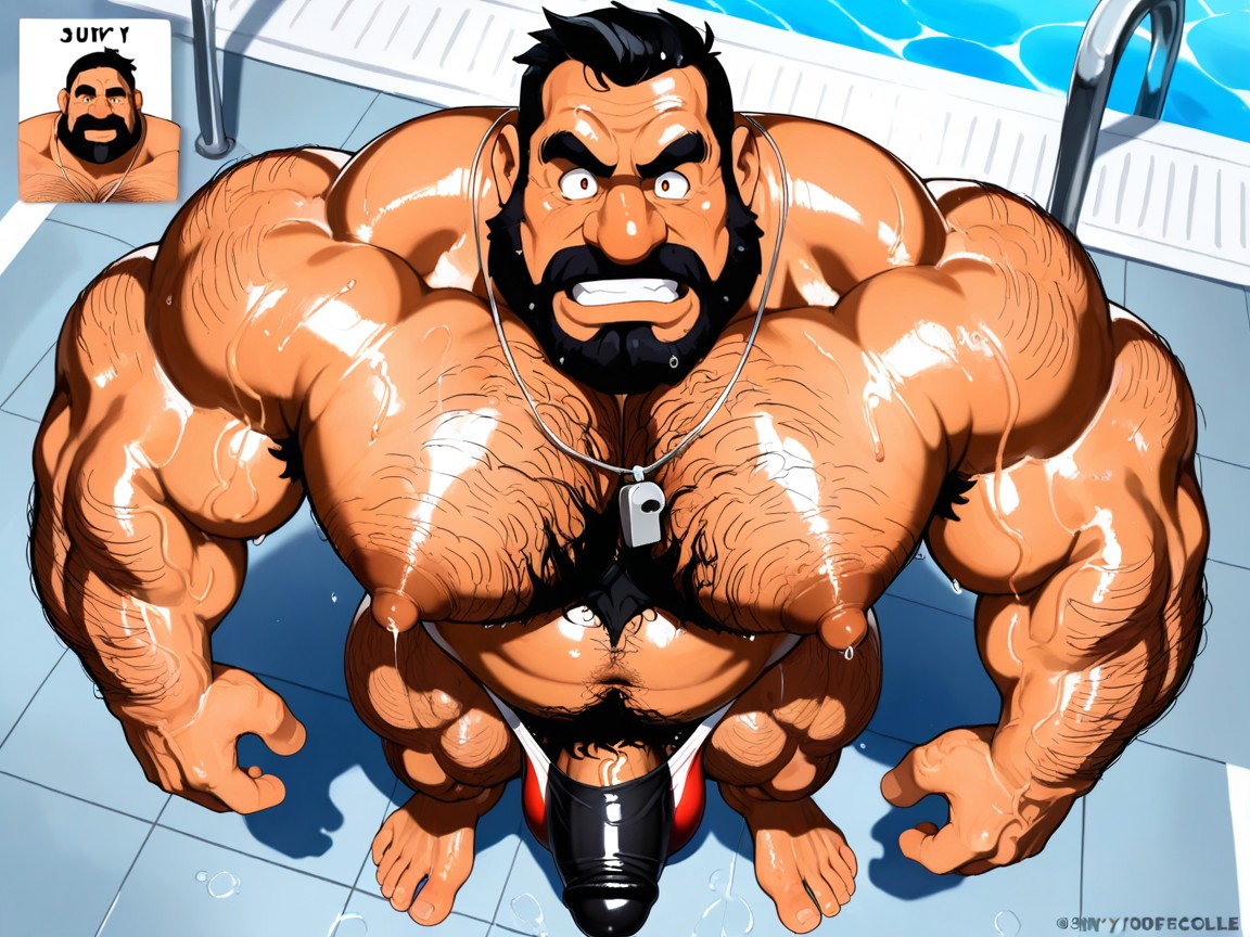 Masculine Features, Excessive Body Hair, Wearing Red And White Speedos AI Gay Porn