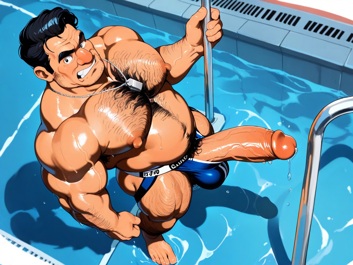 Squeezable, Giant Curly Hair Strands Cover Chest Entirely, Pool Deck Outside AI Gay Porn