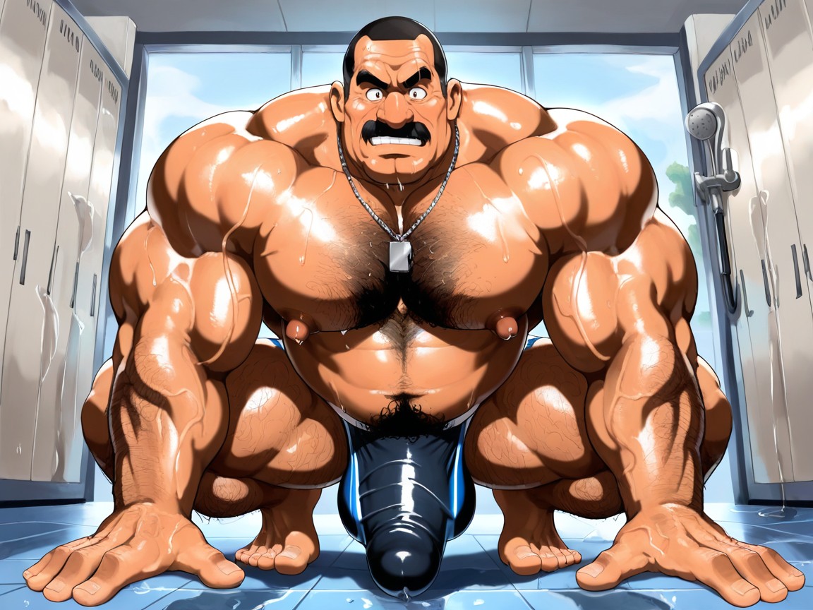 Hairy Arms, Penis Does Not Poke Out Of Jockstrap, Giant Curly Hair Strands Cover Chest Entirely AI Gay Porn