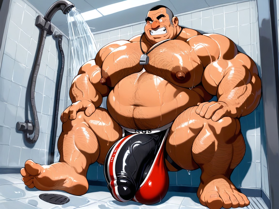 Muscle Gut Body, Penis Bulge Sagging Excessively Low Stretching Fabric Aggressively, Giant Curly Hair Strands Cover Chest Entirely AI Gay Porn