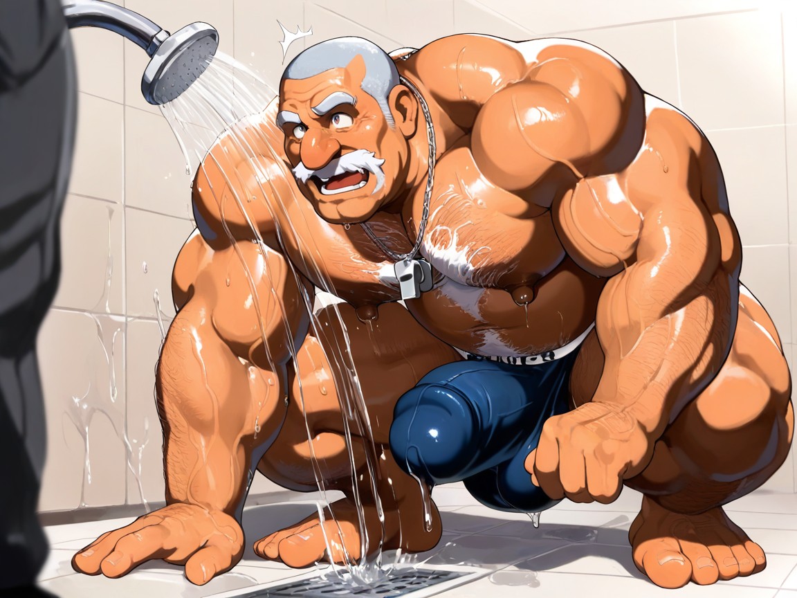 Pool Shower, Burlap Jockstrap Material, Giant Curly Hair Strands Cover Chest Entirely AI Gay Porn
