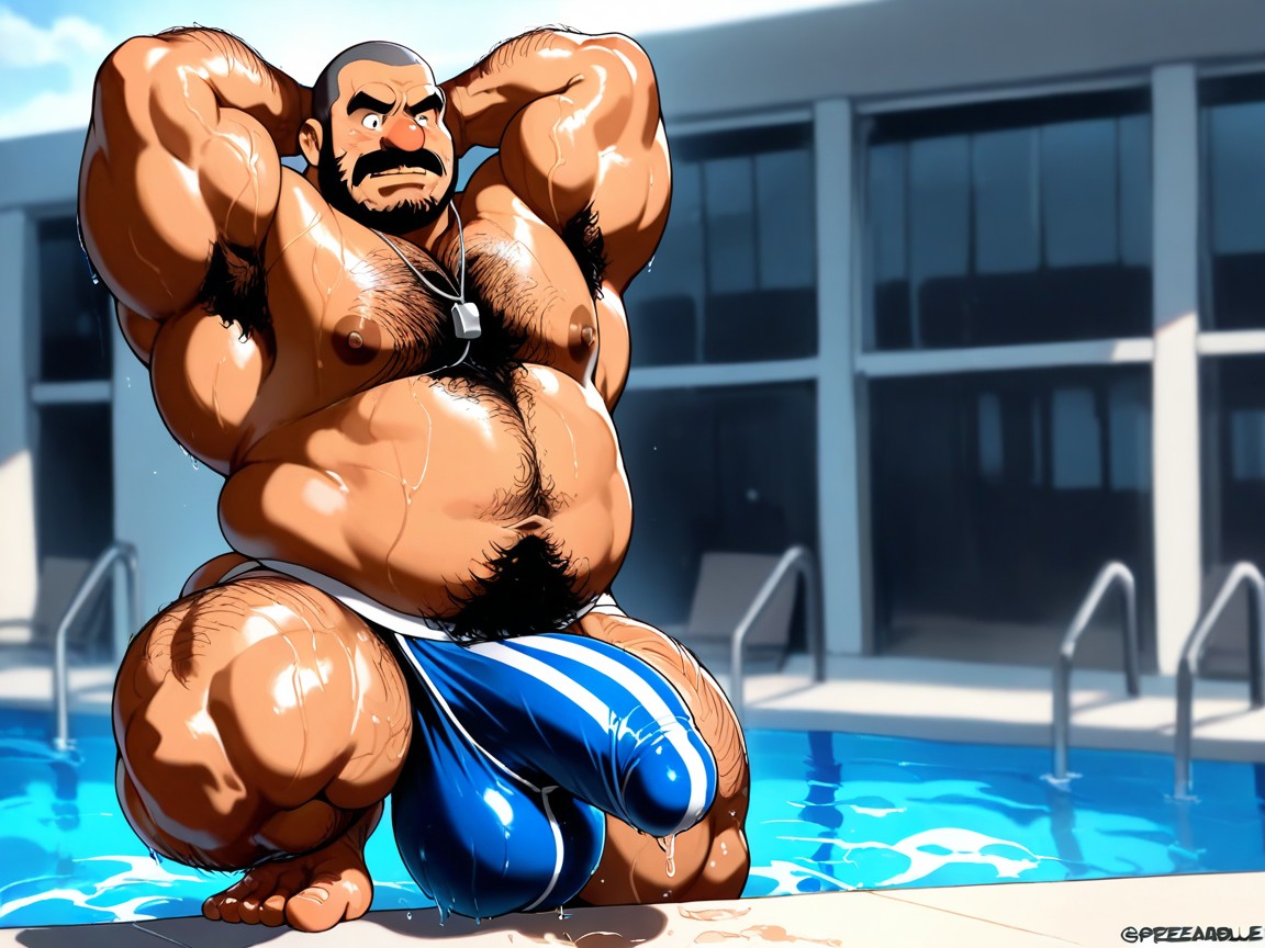 Striped Jockstrap, Giant Curly Hair Strands Cover Chest Entirely, Highly Detailed Jock Strap AI Gay Porn