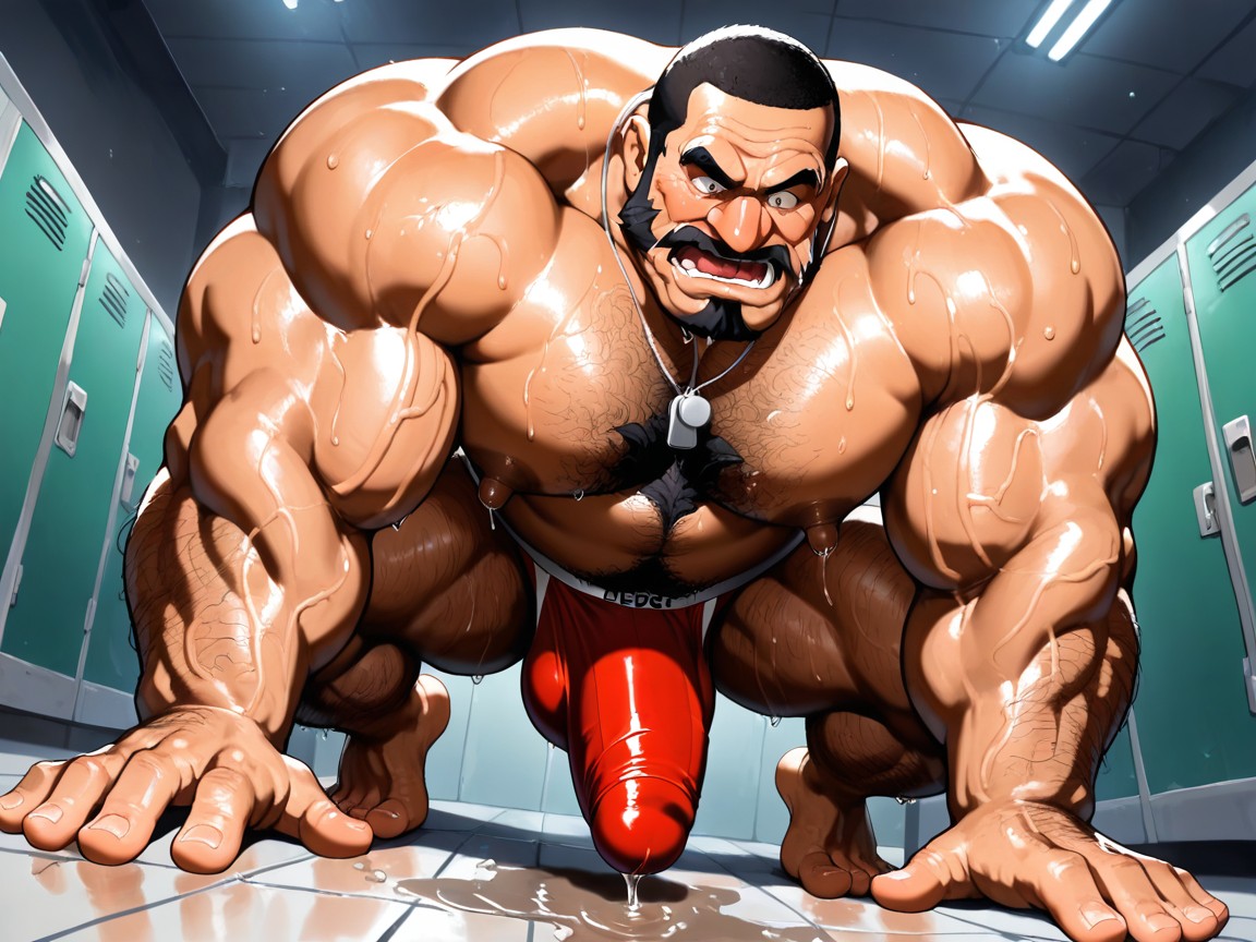 Penis Bulge Is Always Covered By Stretching White Fabric From Jockstrap Hanging Down Very Low, Large Round Nose, Penis Bulge Is Entirely Covered By Stretching Jockstrap Fabric AI Gay Porn