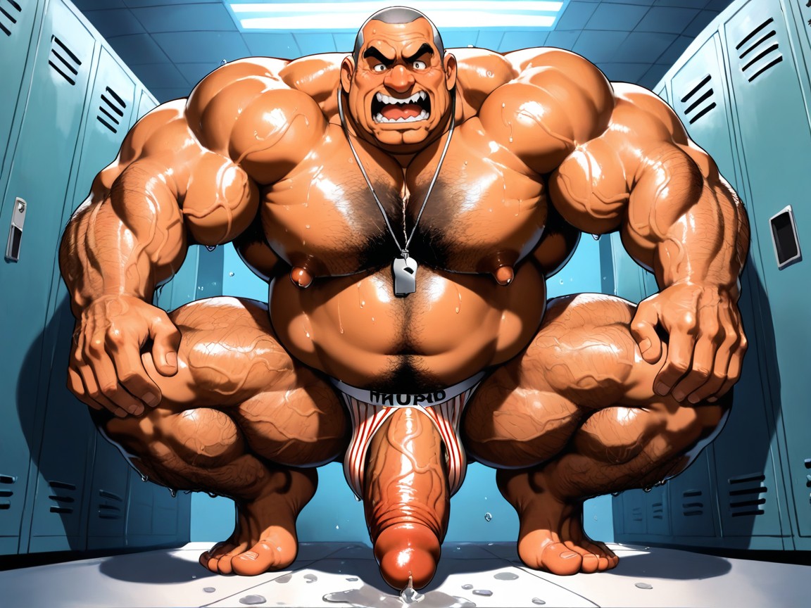 Spiky Sideburns, Penis Bulge Hangs Excessively Low, Overly Large Jaw AI Gay Porn