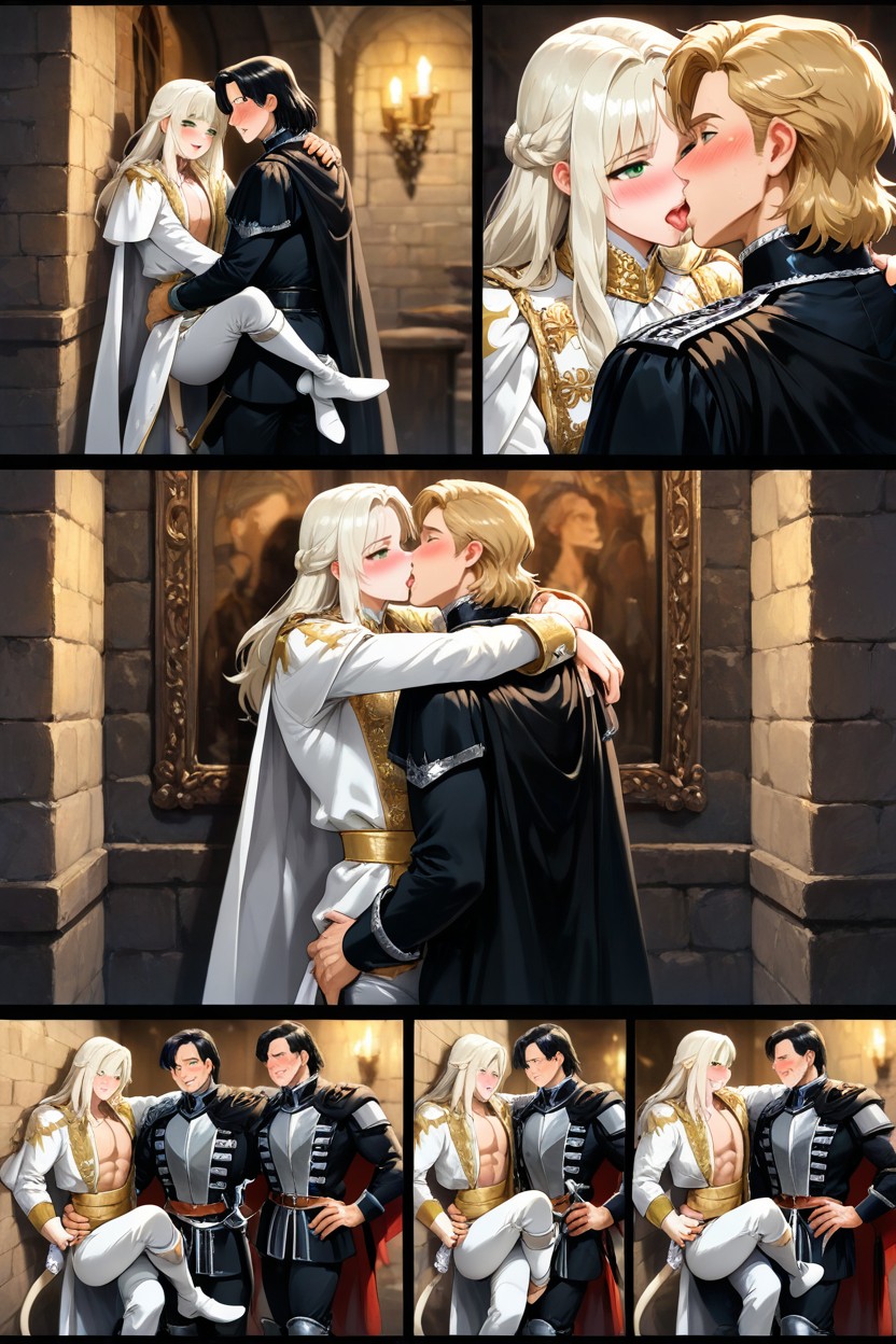 Two Males, Only Males Body, Wearing Black And White Knights Uniform With Rapier Sheathed At Hip AI Gay Porn