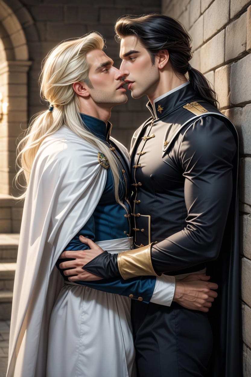 Medieval Fantasy Knight Uniform, Knight Is Clinging Prince's Waist, Knight Kissing Prince AI Gay Porn
