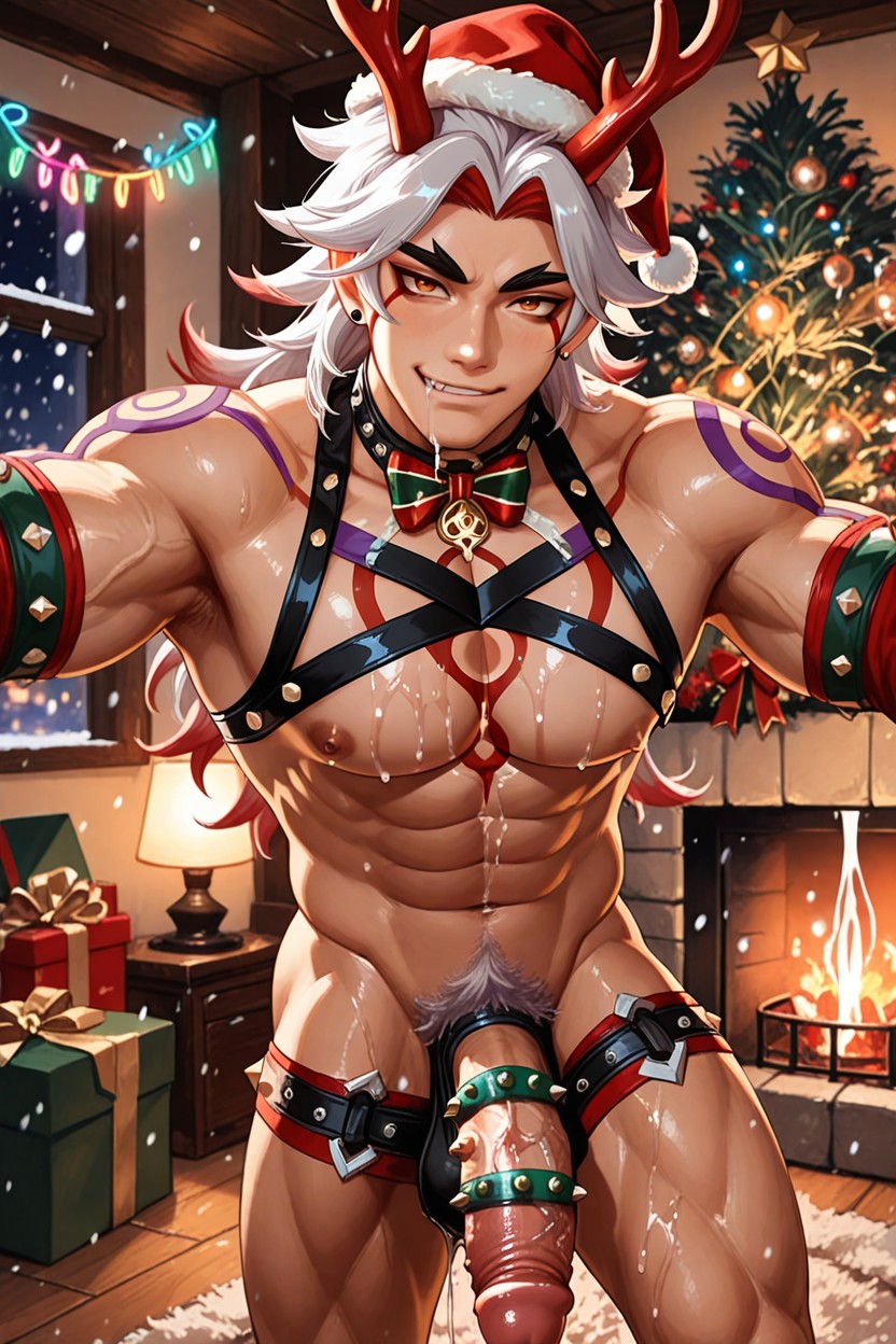 White Fur Rug On The Floor, Wearing A Red Santa Hat With Antlers, Smirk AI Gay Porn