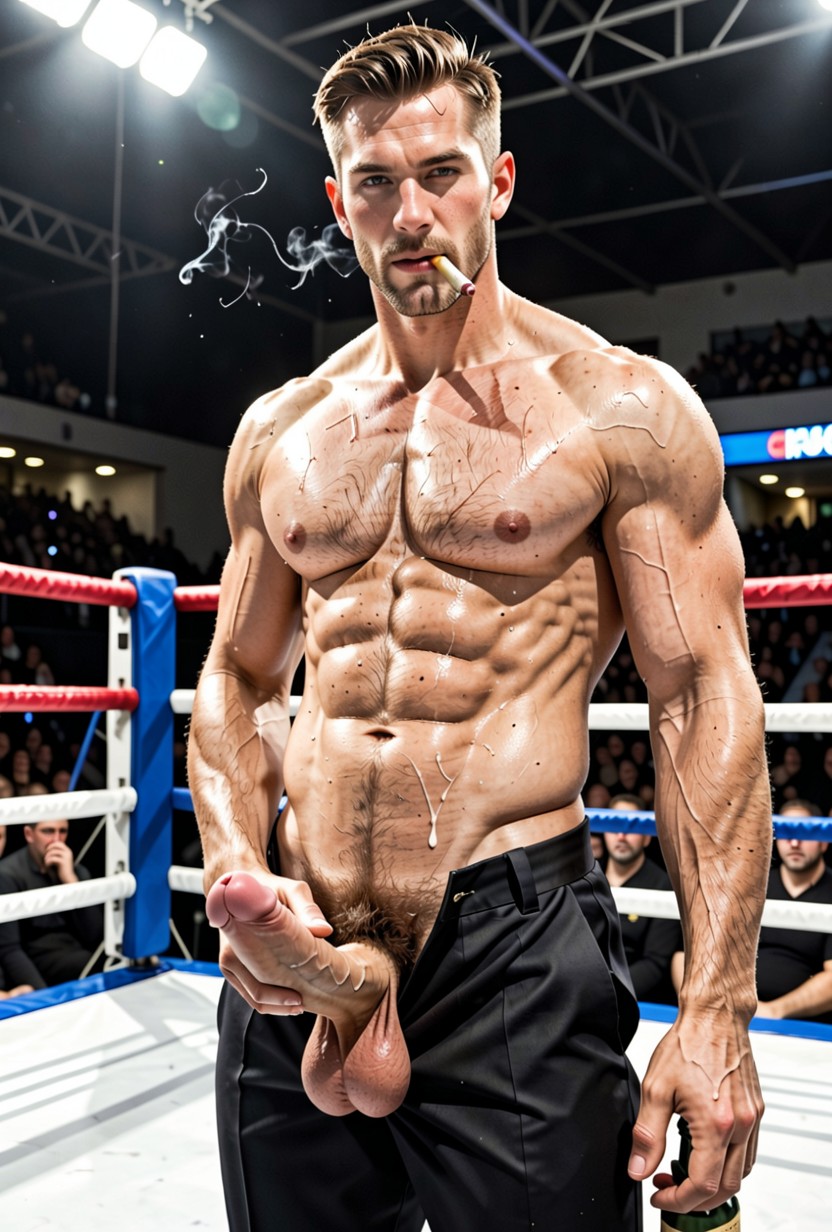 20+, Possibly A Bottle, Appearance Handsome Man Stands In The Center Of A Boxing Ring ゲイAIポルノ