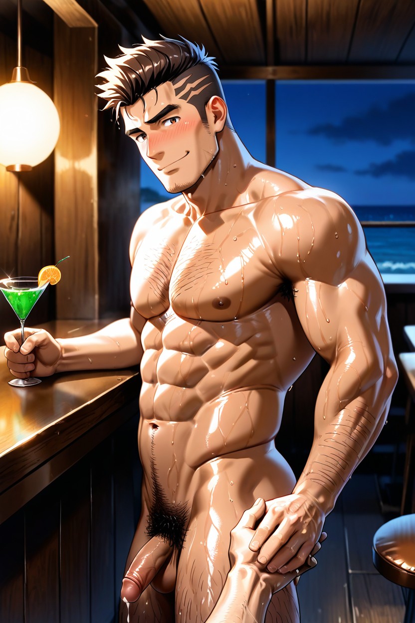 Body Wet, Dark Brown Hair, Short Length AI Gay Porn