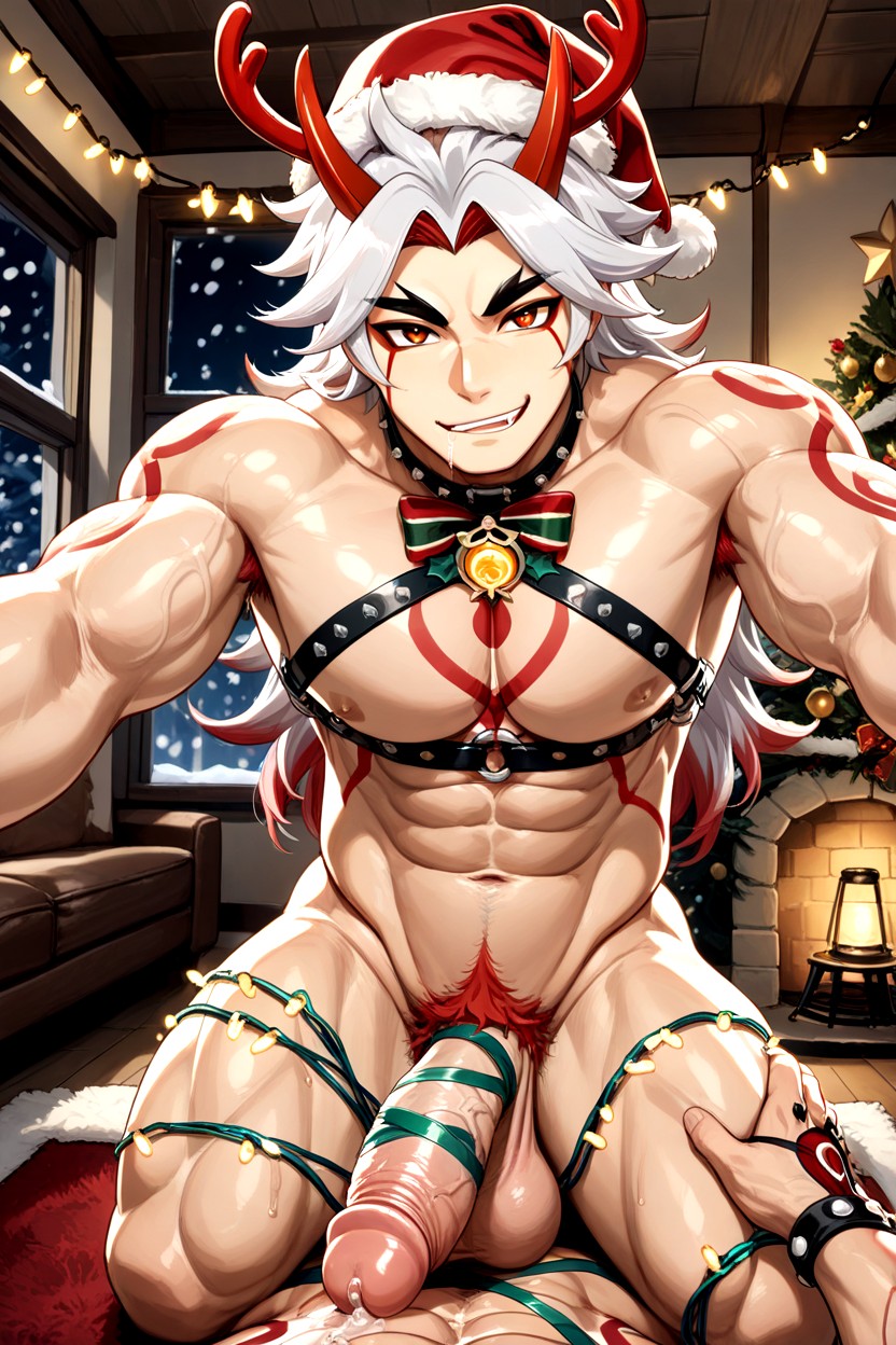 Christmas Lights Cable Wrapped Across The Body, Smirk, Strongman Waist AI Gay Porn