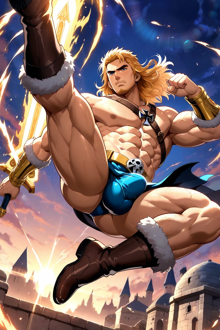 Castle Grayskull In The Background, Holding Aloft A Glowing Ornate Magic Sword, Knee Kickhigh Kick AI Gay Porn