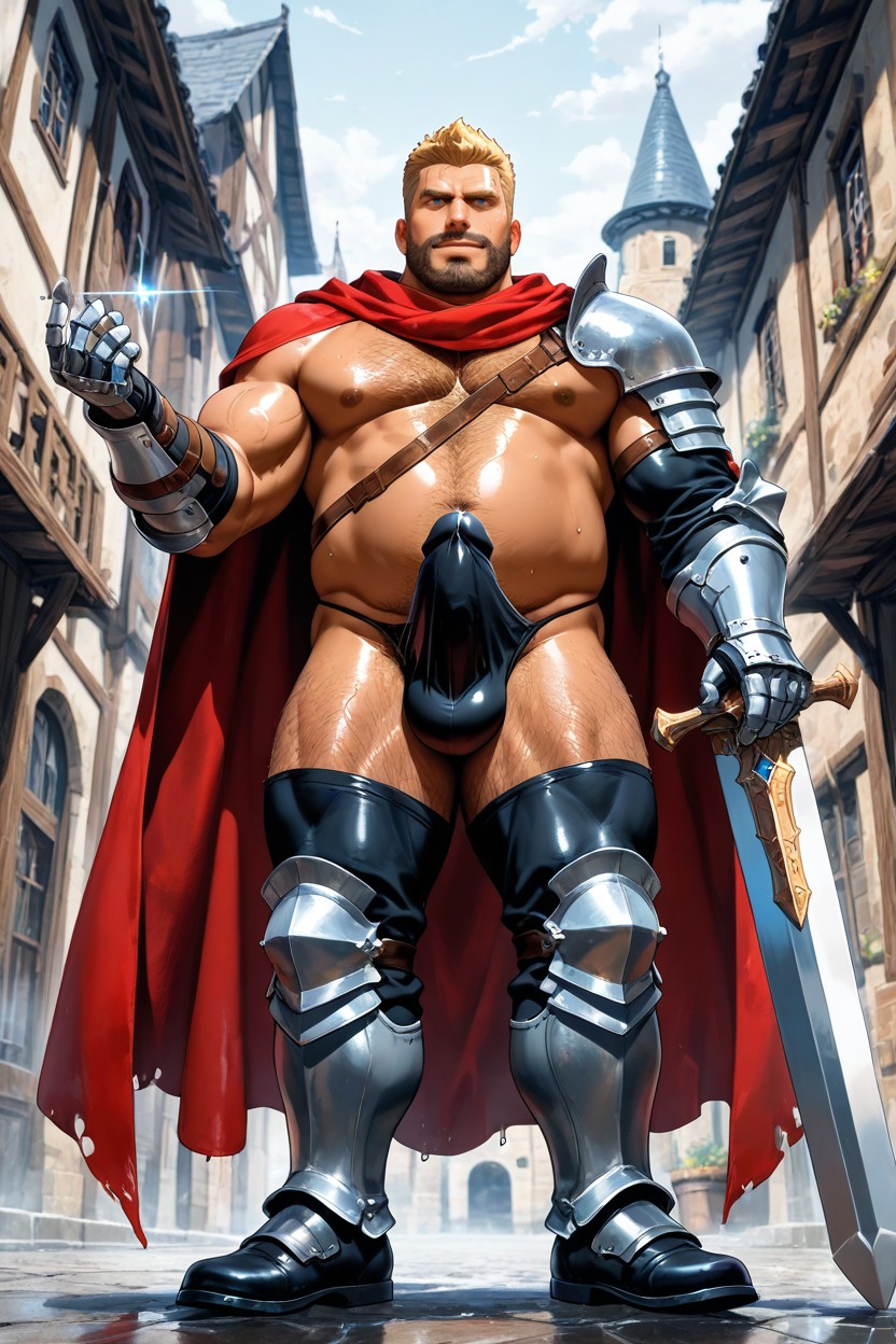 Holding Big Long Sword In Hand, Front View, Handsome Male Knight AI Gay Porn