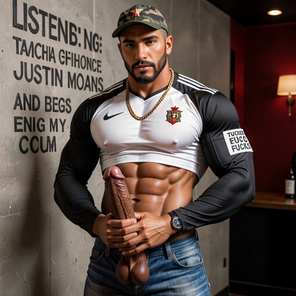 Tattoo, Carved Into Wall Reads "listening Justin Moans And Begs My Cum', White T-shirt 'tucker Fucks' Stretched Tight Over Chiseled Abs AI Gay Porn
