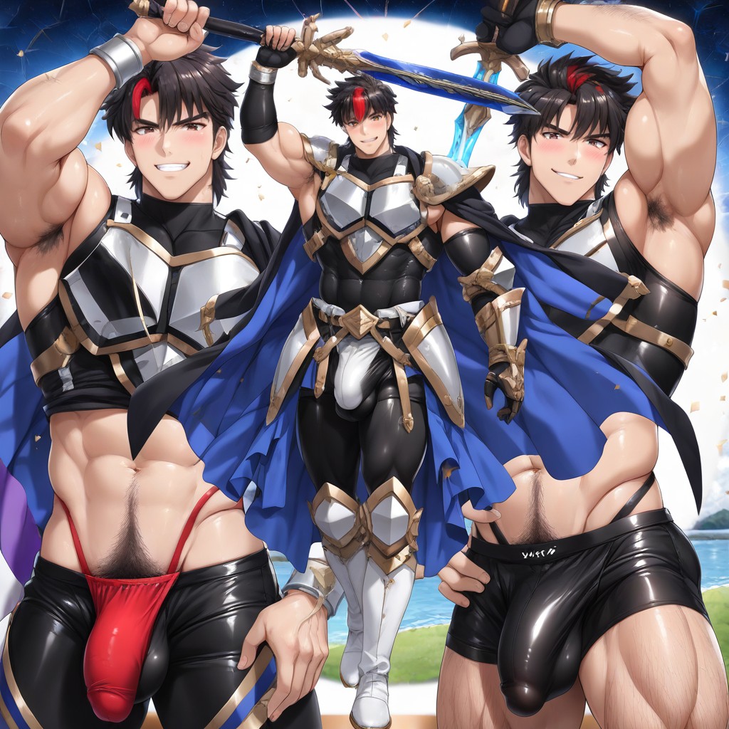 Medium Ass, Hyper-muscular Ripped Physique, Wearing An Ornate Metal Bikini Armor AI Gay Porn