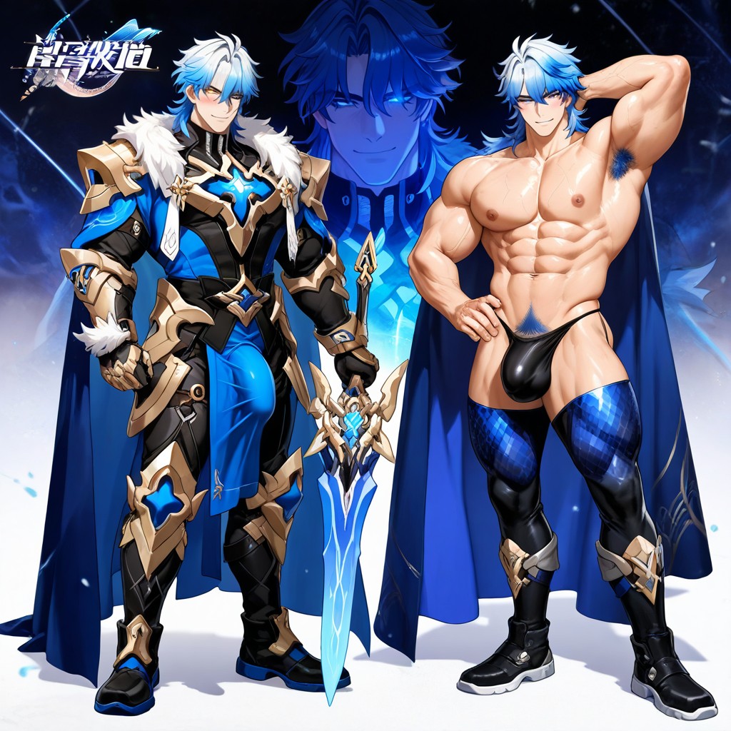 Indigo Flowing Cloak, Armpit Hair, Highly Detailed Anatomy AI Gay Porn