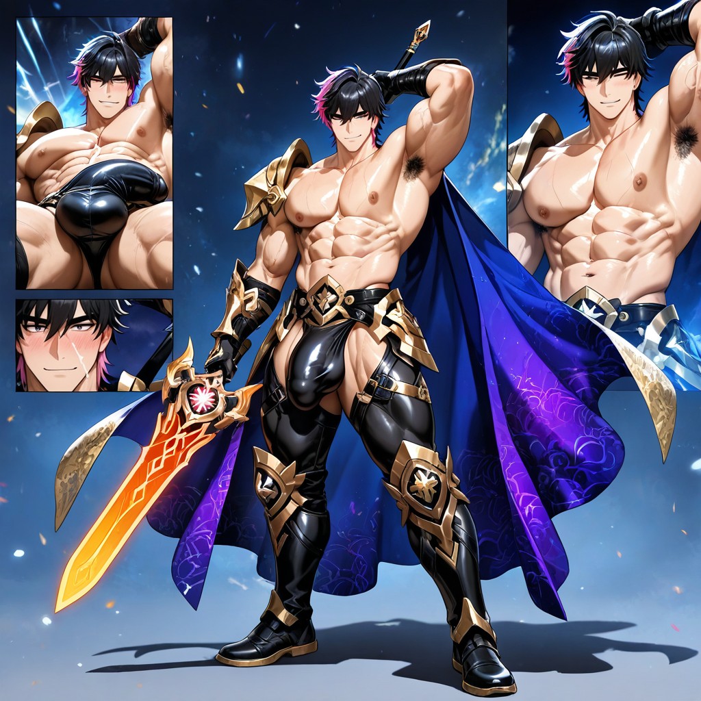 Highly Detailed Anatomy, Mischievous (smiling While Blushing), Moody Fantasy Background AI Gay Porn