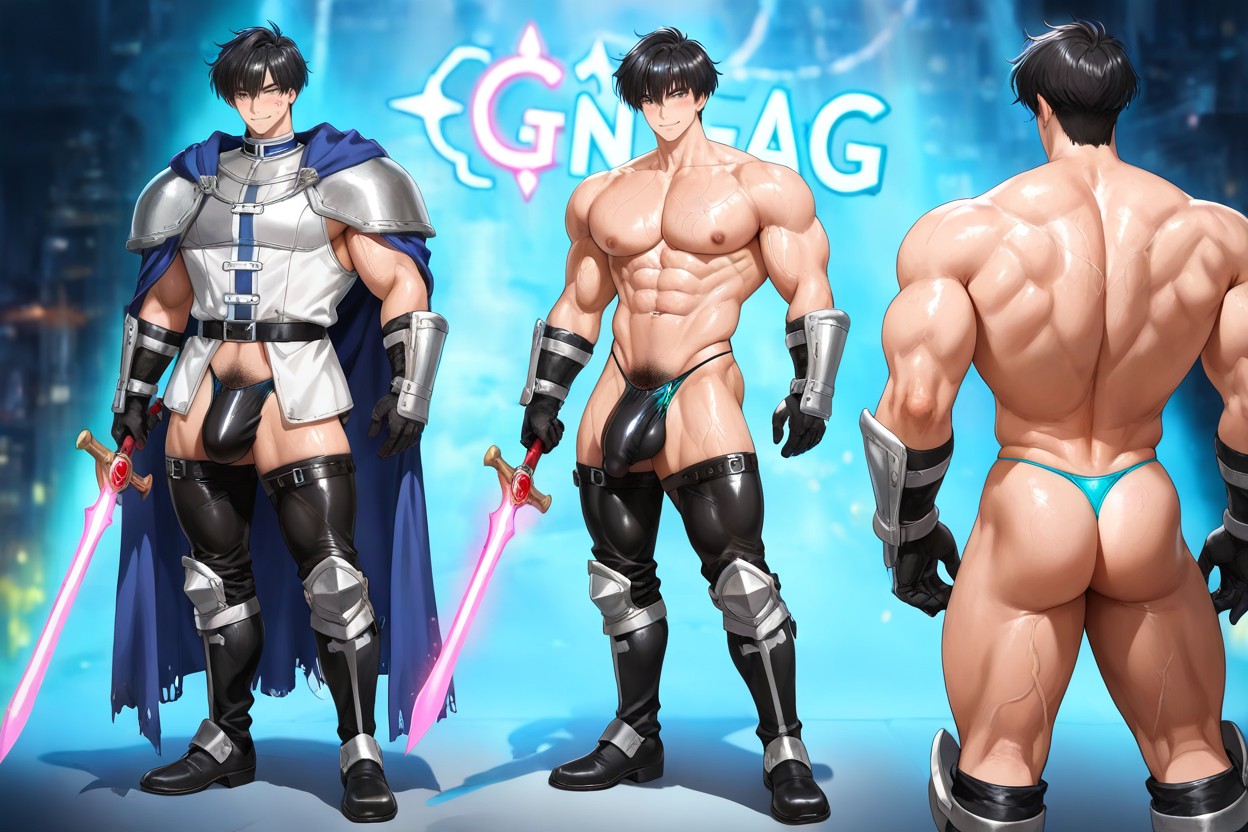 Holding A Glowing Magical Sword, Detailed Knight Leggings, Hyper-muscular Ripped Physique AI Gay Porn