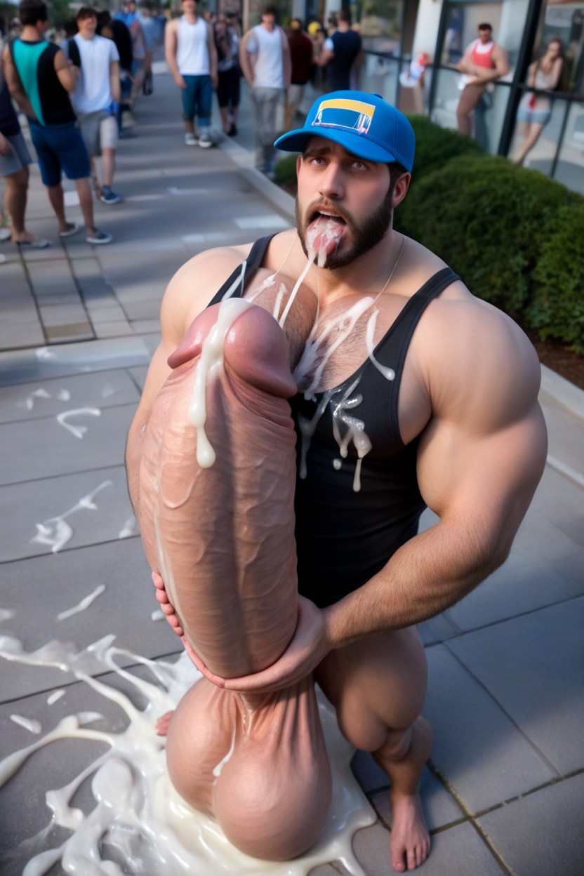 Realistic, Holding Cock With Both Arms, Cum All Over Face And Chest AI Gay Porn