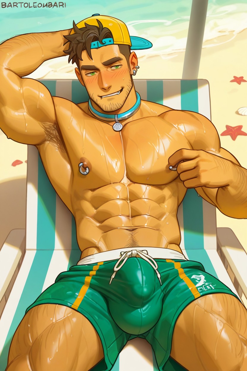 Swimming Trunks, Fit Body, Side Smile AI Gay Porn