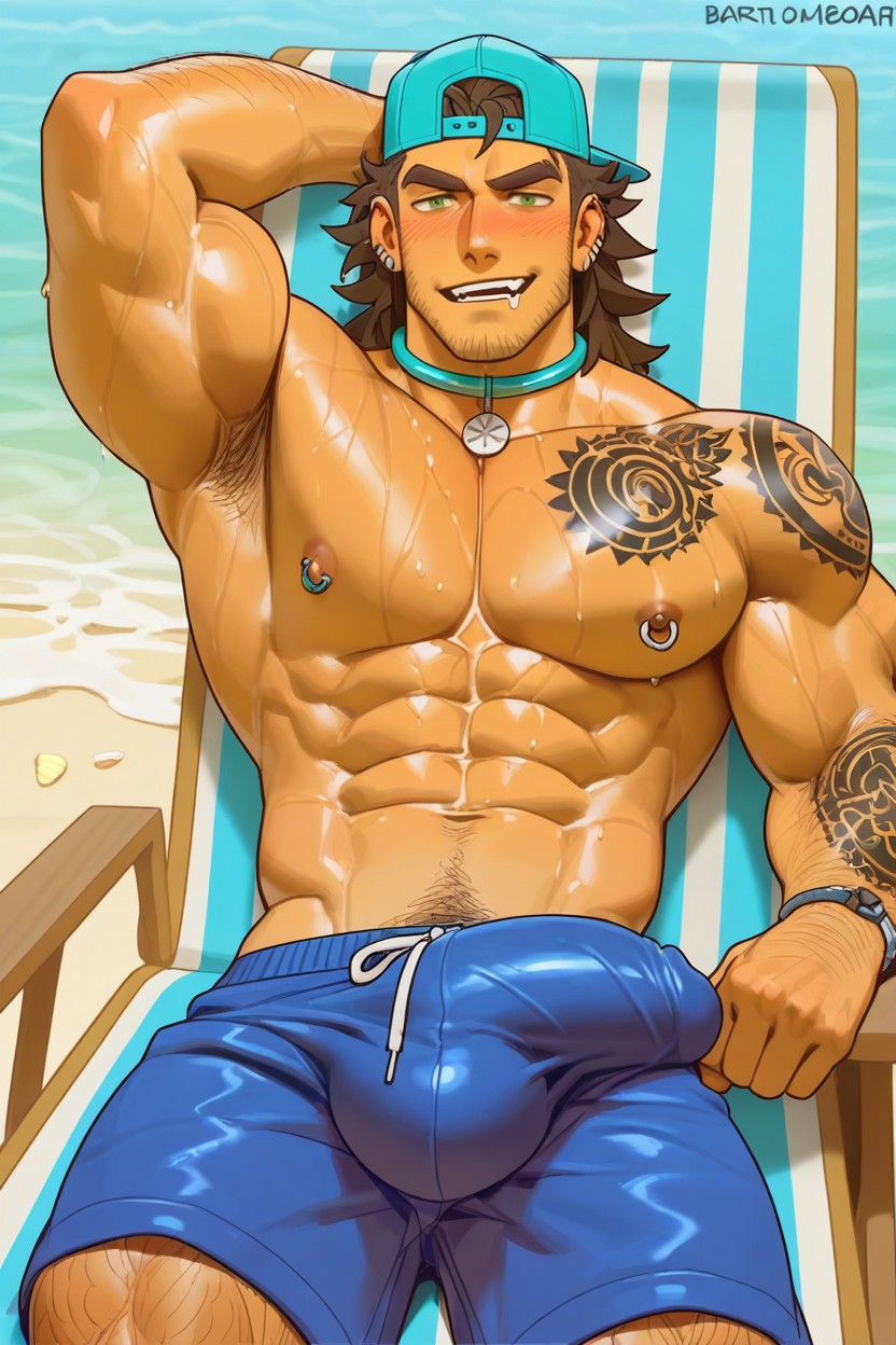 Fair Hair, Sat On A Beach Chair, Sun Kissed Cheeks Dyinamic Angle Detailed Face AI Gay Porn