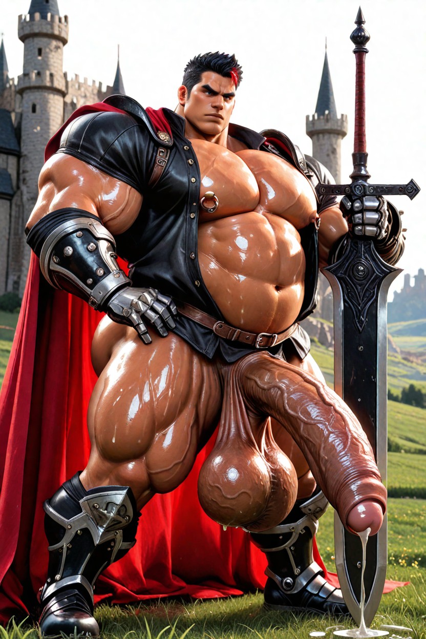 Precum Pouring From Penis, Oiled Skin, Red Cape AI Gay Porn