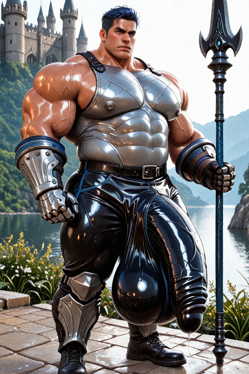 Hyper Muscular Pecs, Shiny Skin, Leather Gloves AI Gay Porn