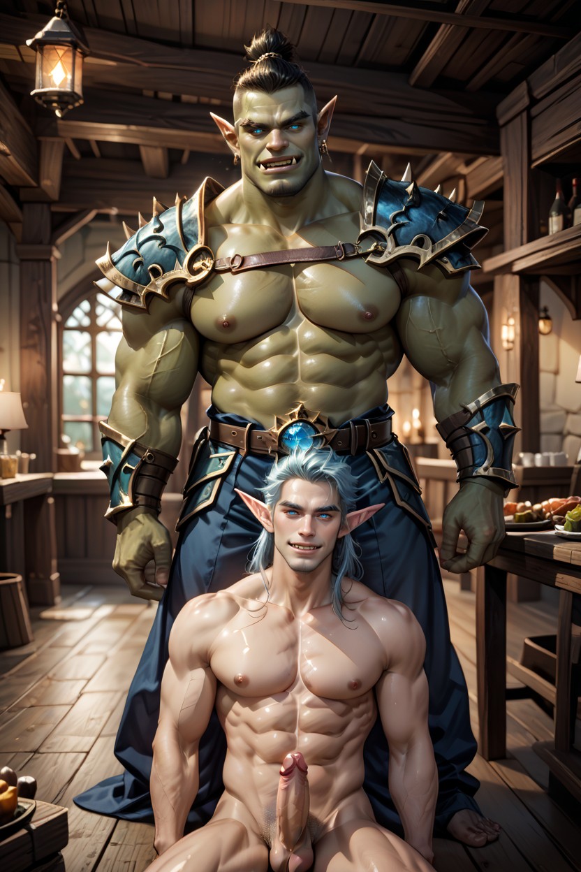 Orc Fucks Elf, Light Blue High Collar, Rough Muscular Orcs In Orc Armor AI Gay Porn