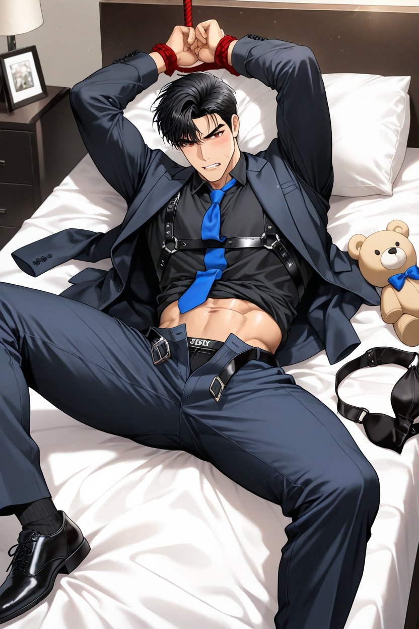 Lift One Leg Onto The Bed, Black Shoes And Black Socks, Arms Up AI Gay Porn