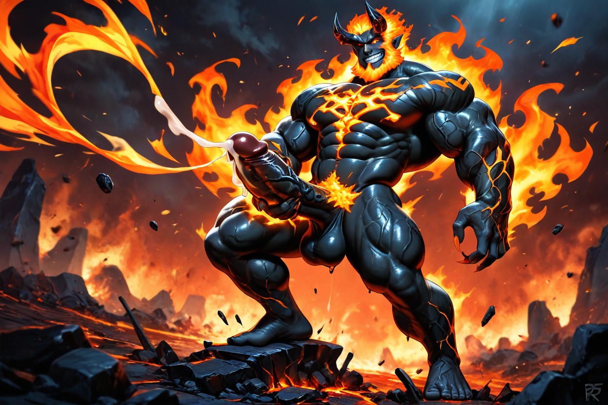 Charred Black Obsidian Skin, Sharp Glowing Orange Fingernails, Grin AI Gay Porn