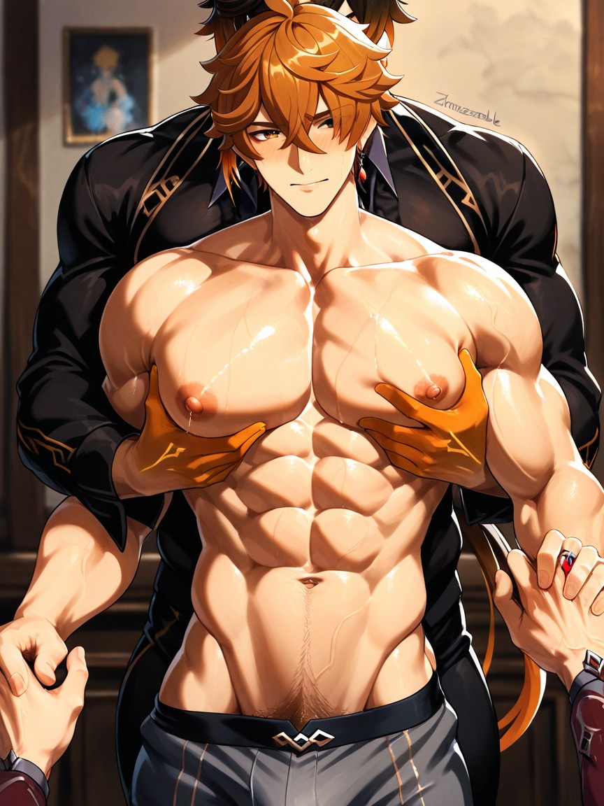 Waist Shot, Tartaglia From Genshin Impact, Men AI Gay Porn