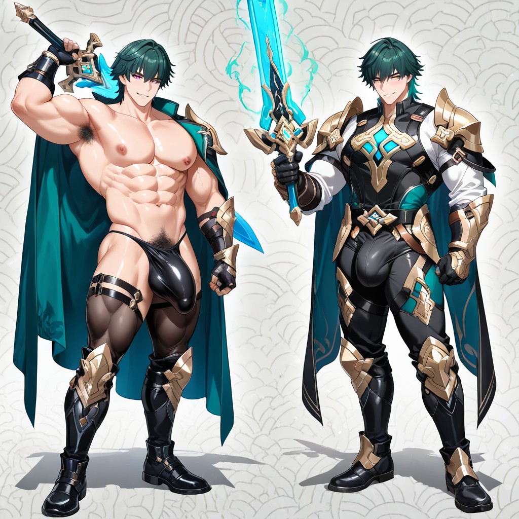 Form Fitting Clothes, Holding A Glowing Magical Sword, Perfectly Shaved AI Gay Porn