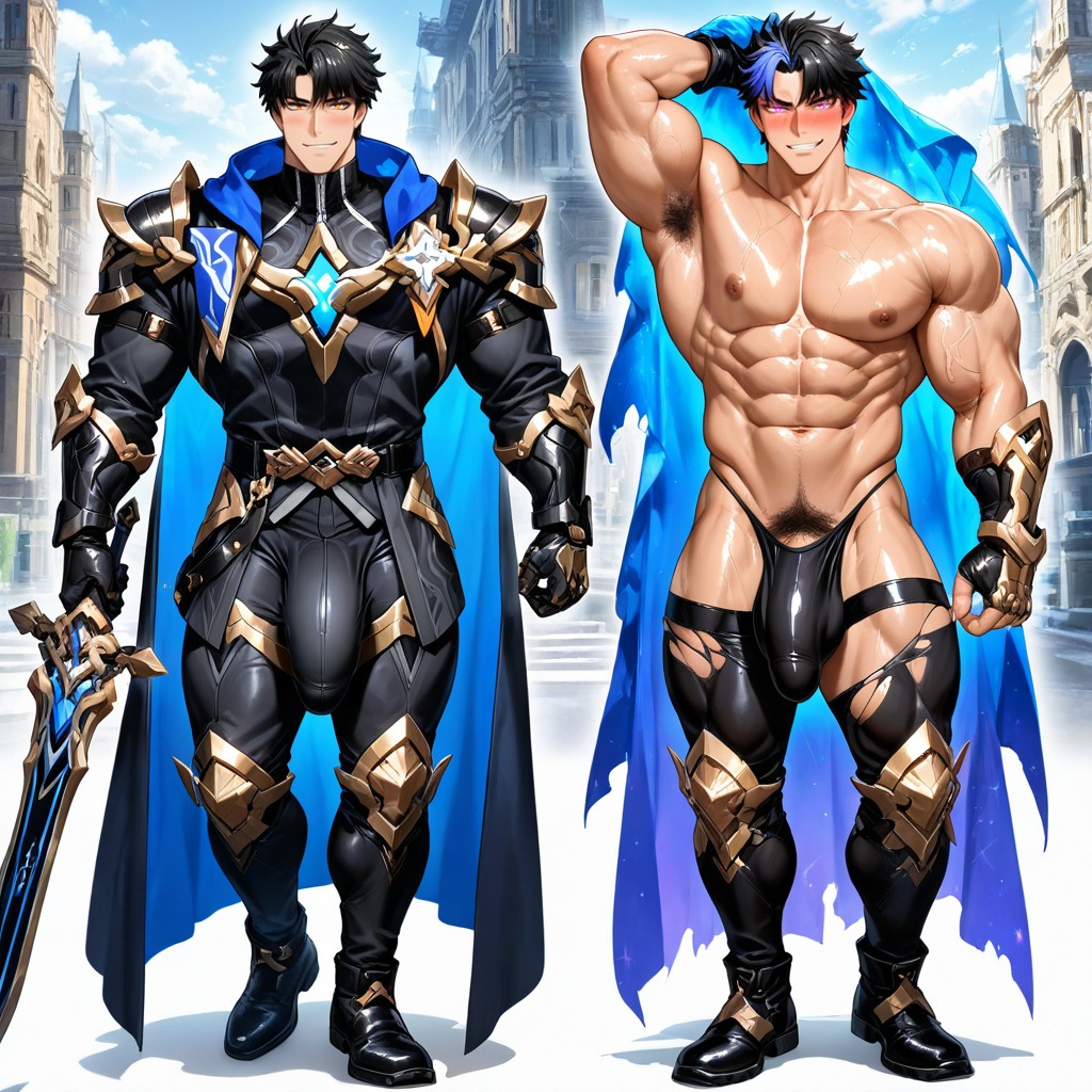 A High-fantasy Korean Manhwa Style Illustration Of A Legendary Knight, Extra Large Penis Bulge, Exposed Black Thong AI Gay Porn