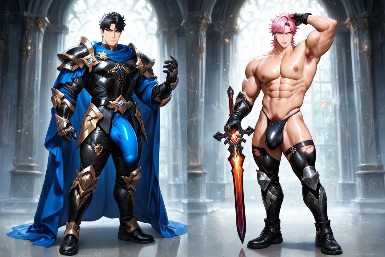 Multi Colored Hair, Wearing An Ornate Metal Bikini Armor, Korean AI Gay Porn