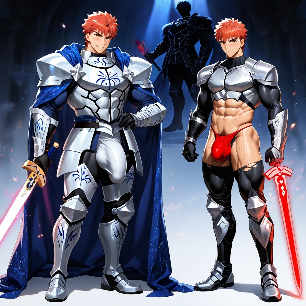 Indigo Flowing Cloak, Hyper-muscular Ripped Physique, Exposed Red Thong AI Gay Porn