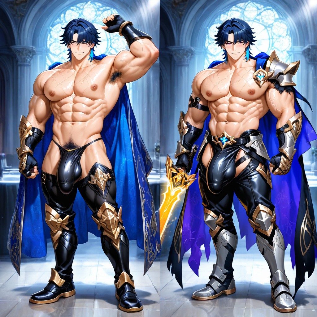 Wearing An Ornate Metal Bikini Armor, Detailed Knight Leggings, Exposed Black Thong AI Gay Porn