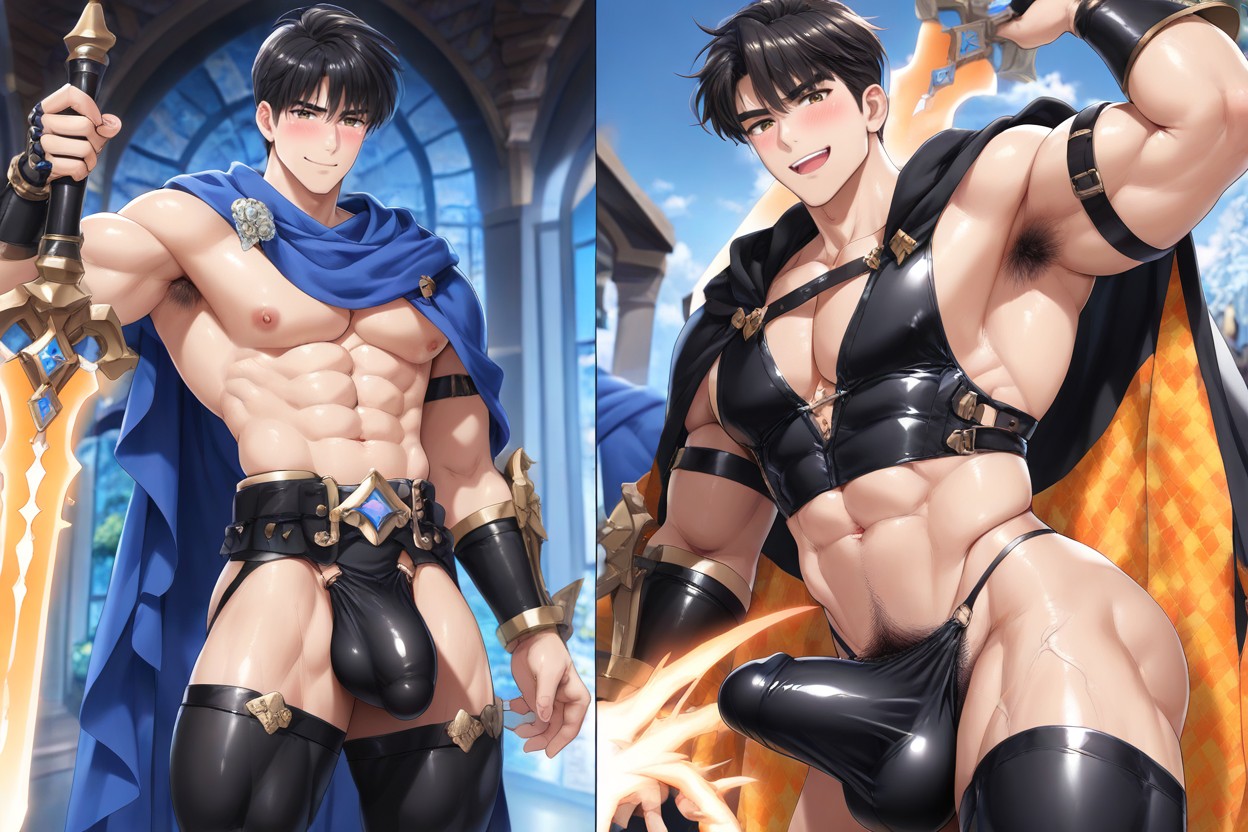 Leather Gauntlets, Messy Yellow Bangs Hairstyle, Exposed Black Thong AI Gay Porn