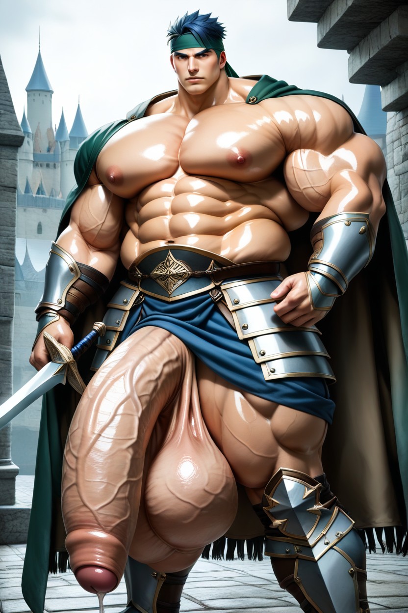 Masculine Hyper Muscular Bara Body, Wet Skin, Penis Extending Past Ankles AI Gay Porn
