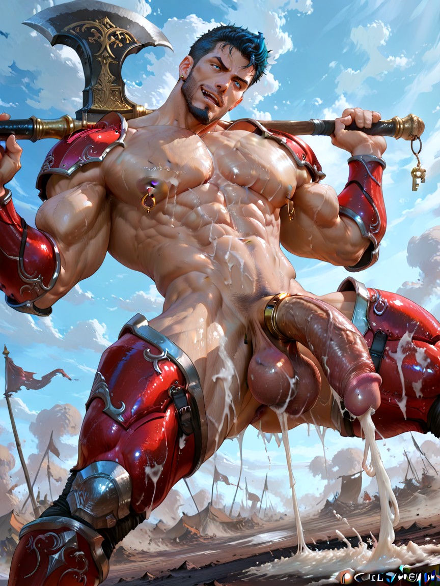 Buff Stocky Pulpy Hyper Handsome Male Bodybuilder, Anime Key Visual Style, Angry AI Gay Porn