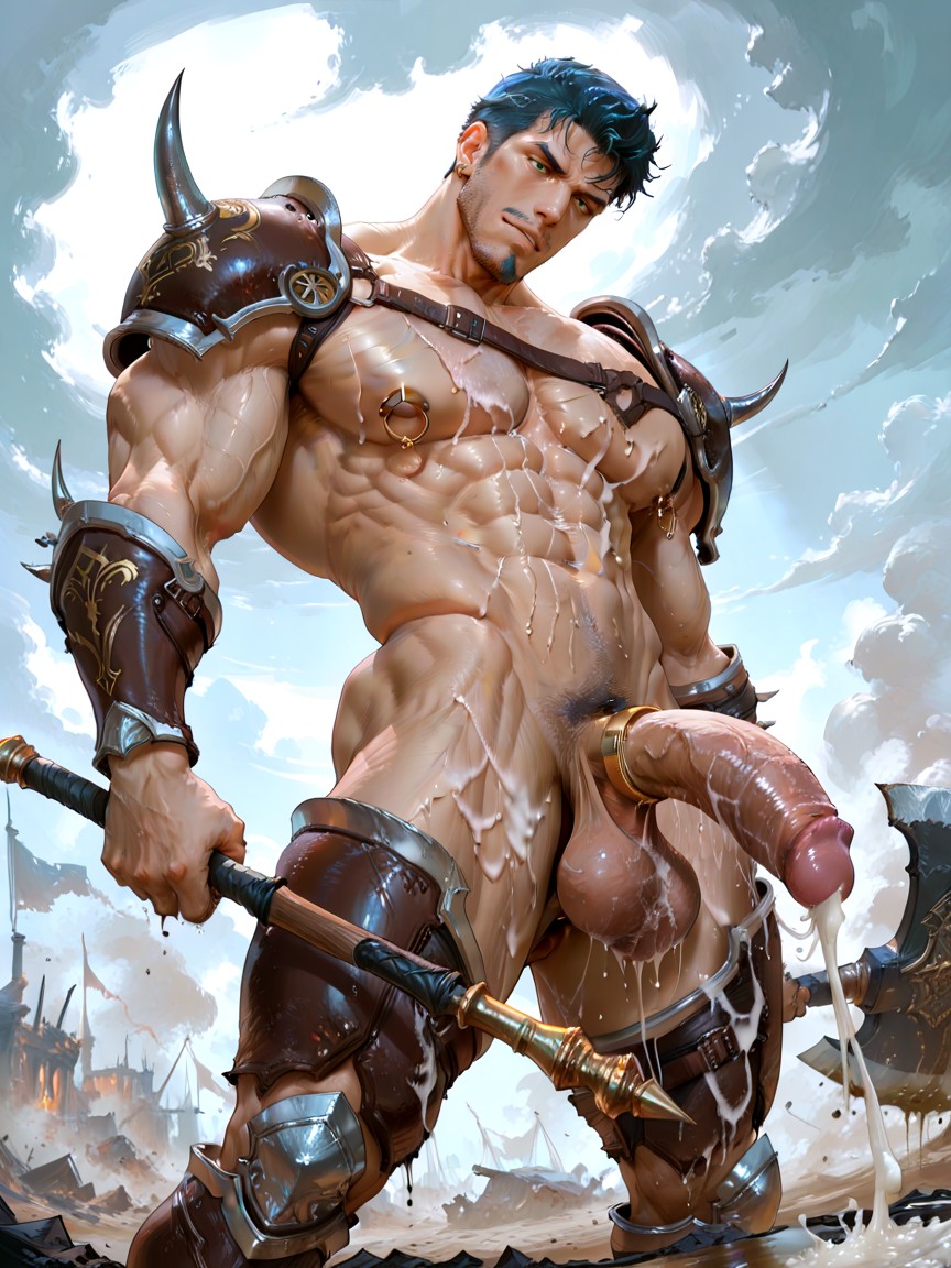 Standing On A Ruined Fantasy Battlefield At Stormy Twilight, 25+, Confident Cocky Face Expression AI Gay Porn