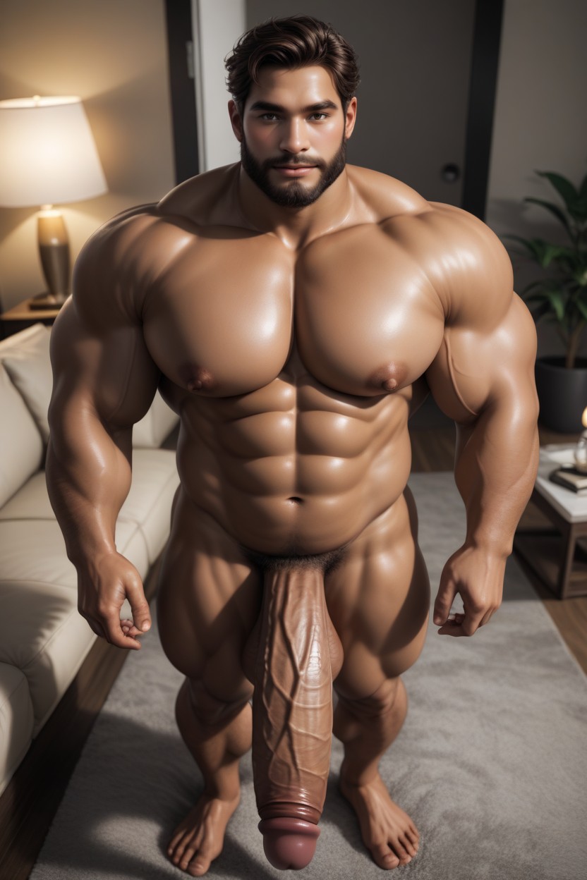 Round Pillowy Pecs, In A Living Room, Dark Tan Skin AI Gay Porn