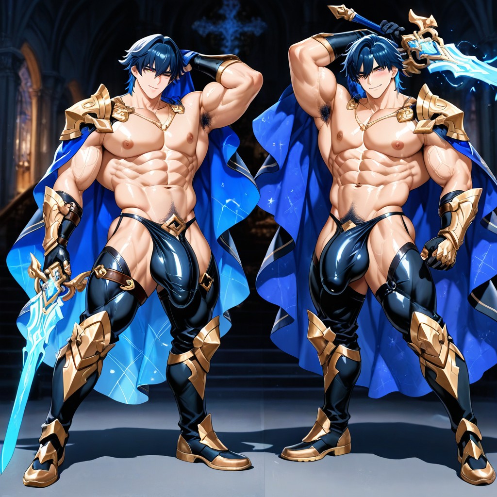 Wearing An Ornate Metal Bikini Armor, Male Only, Blue Hair Color AI Gay Porn